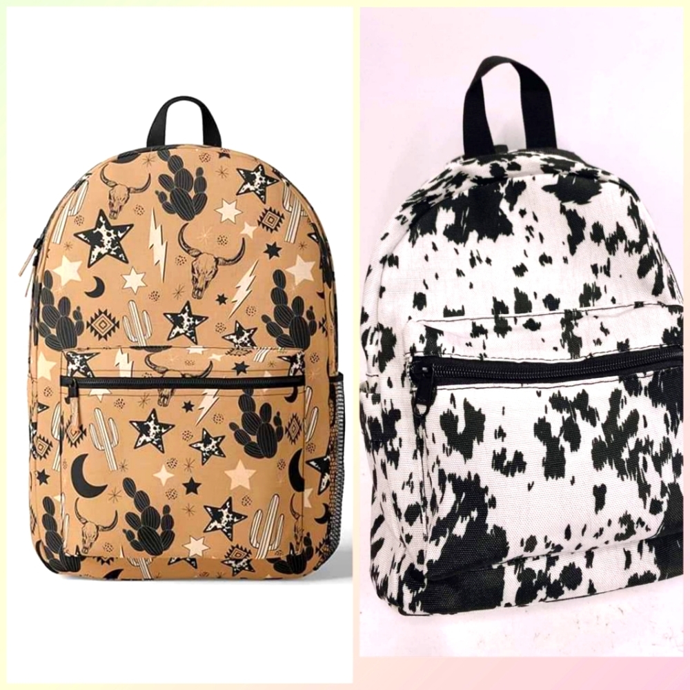 Small western cowprint catcus backpacks new. Black tan lightning bolt bull skull